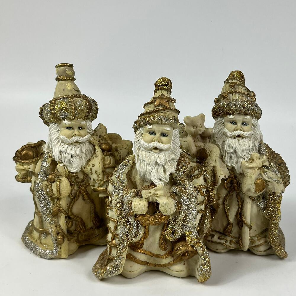 Set of 3 Cream & Gold Santa Figurines Resin Glitter Christmas Holiday Decor 6.5"